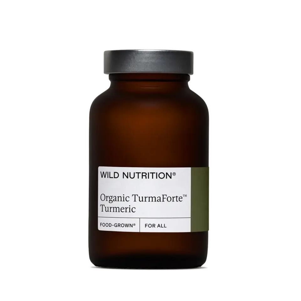 Brown bottle labelled "Wild Nutrition Organic TurmaForte Turmeric".