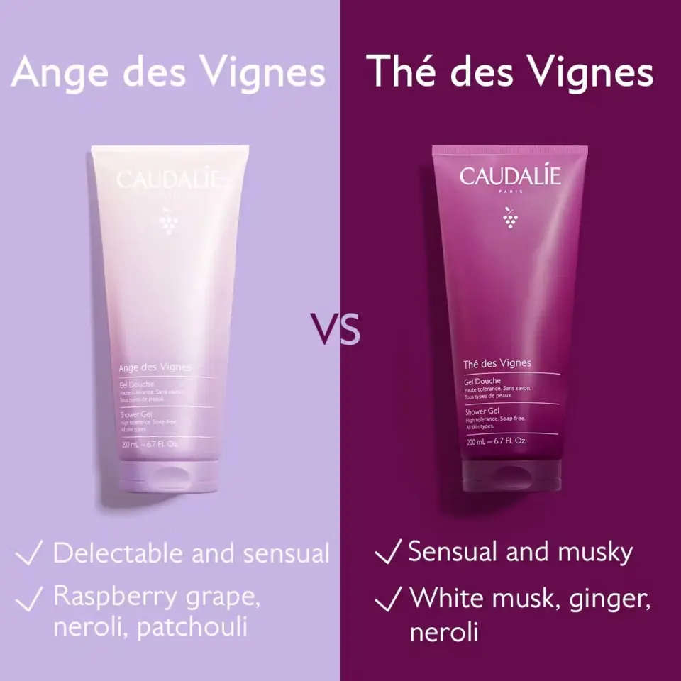 Ange des Vignes vs Thé des Vignes shower gels with scent descriptions.