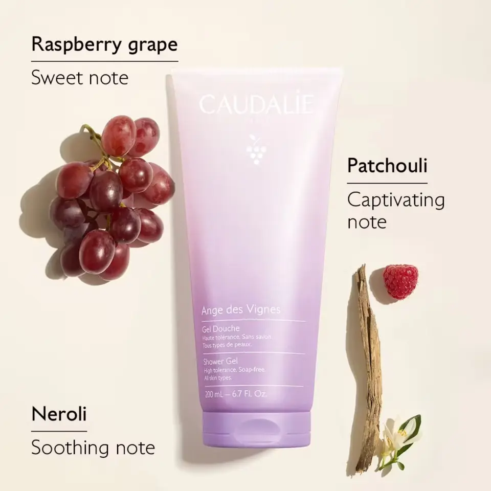 Caudalie Ange des Vignes shower gel with grapes, raspberry, patchouli, and neroli.