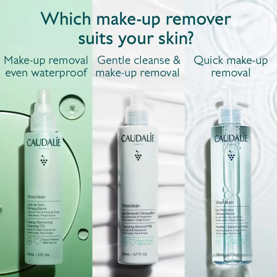 Three Caudalie make-up removers with descriptions: waterproof, gentle cleanse, quick removal.