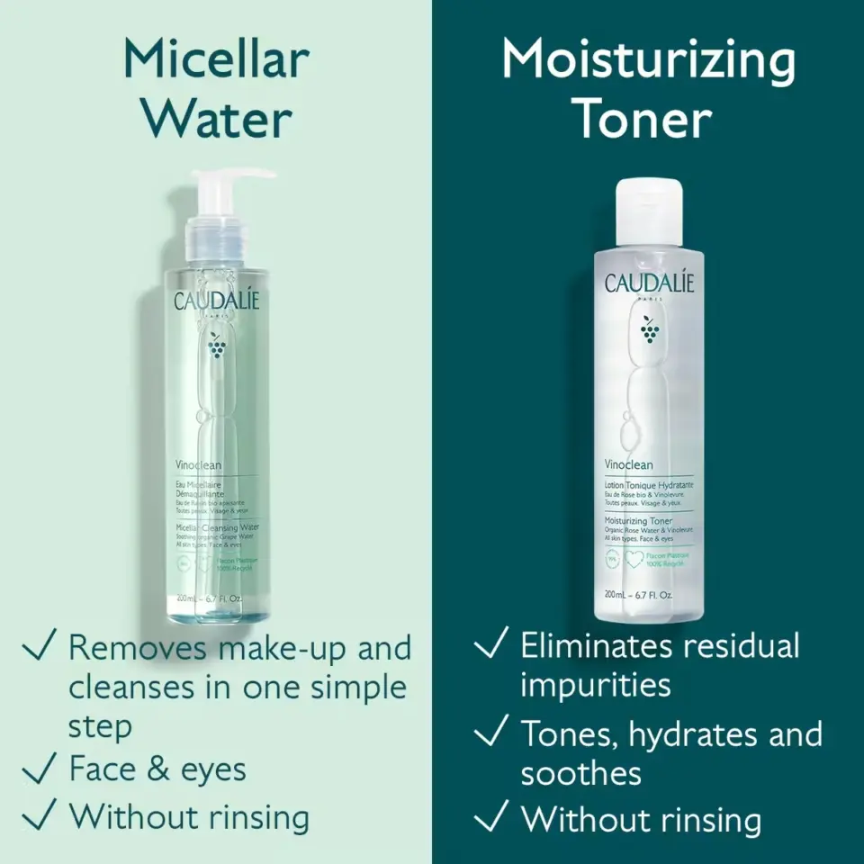 Micellar Water and Moisturising Toner bottles with benefits listed beside each.