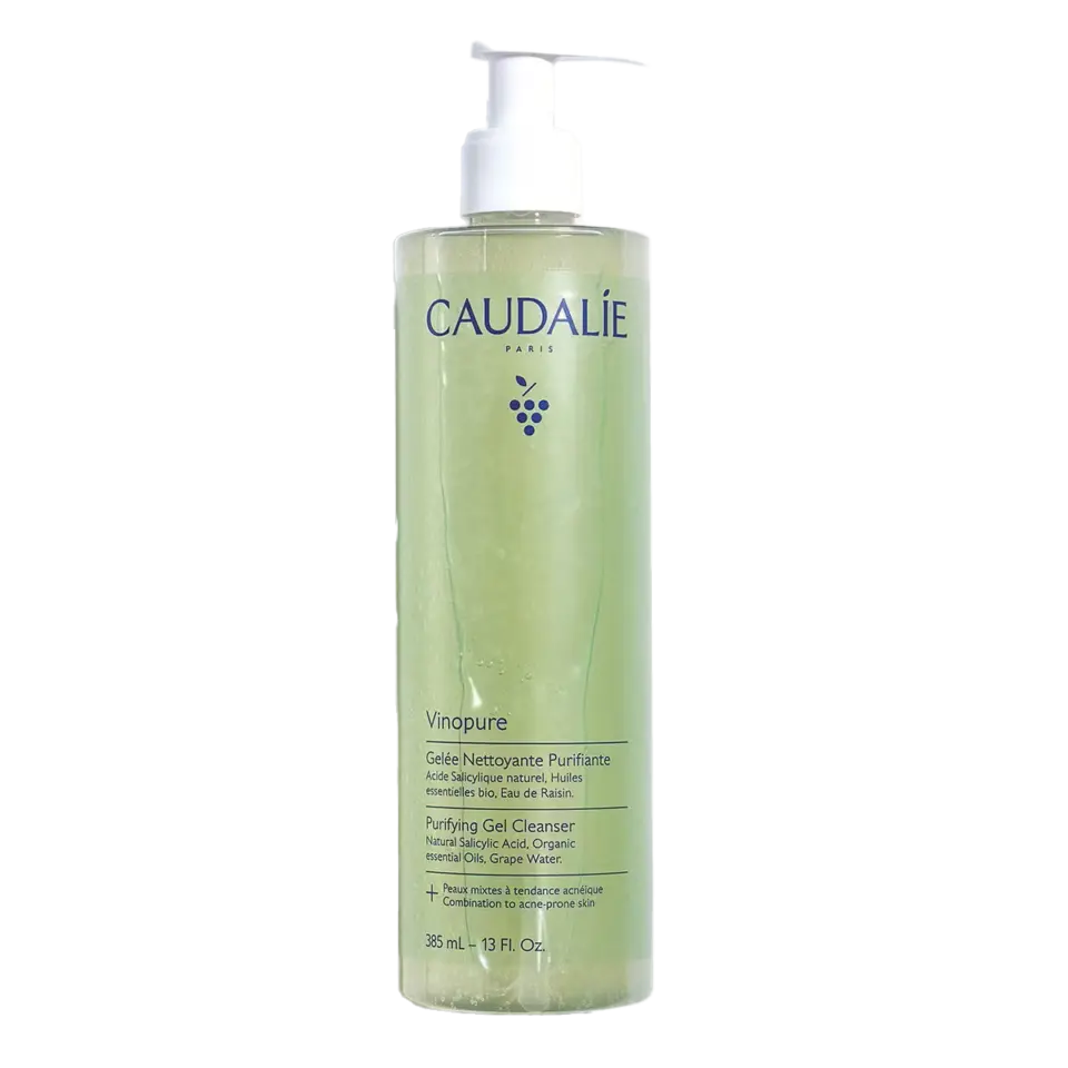 Caudalie Vinopure Purifying Gel Cleanser, 385 ml bottle with pump dispenser.