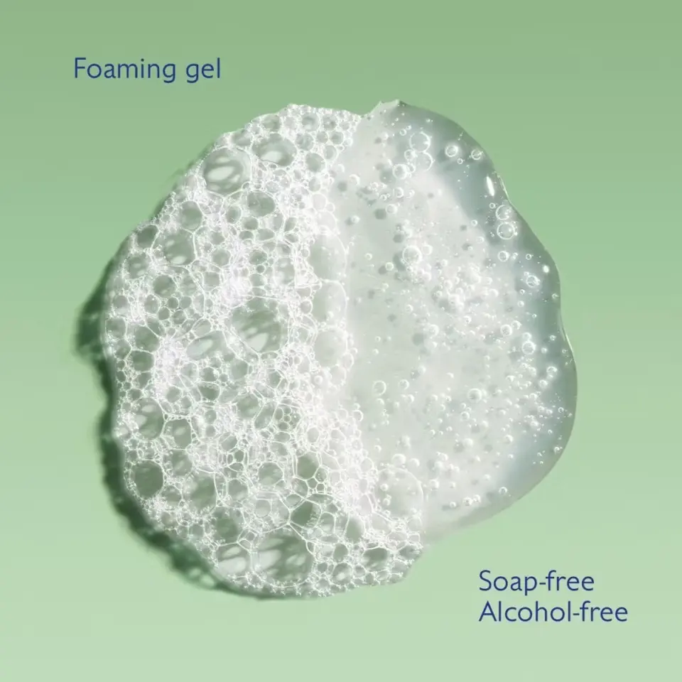 Foaming gel with bubbles on green background. Text: "Soap-free, Alcohol-free".
