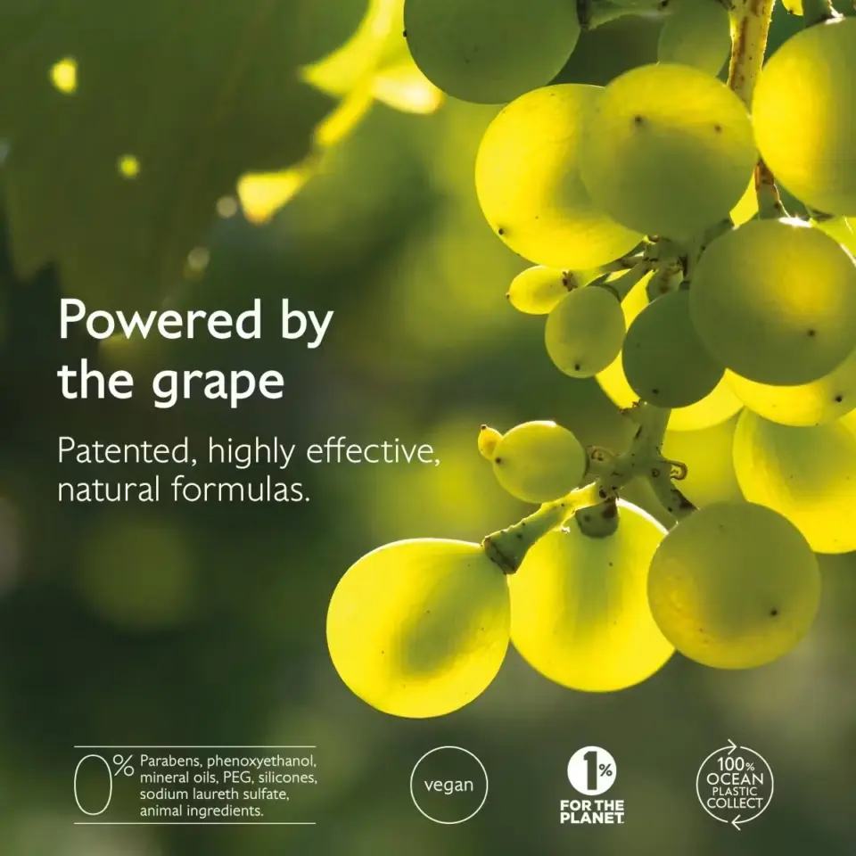 Green grapes with text: "Powered by the grape. Patented, highly effective, natural formulas.