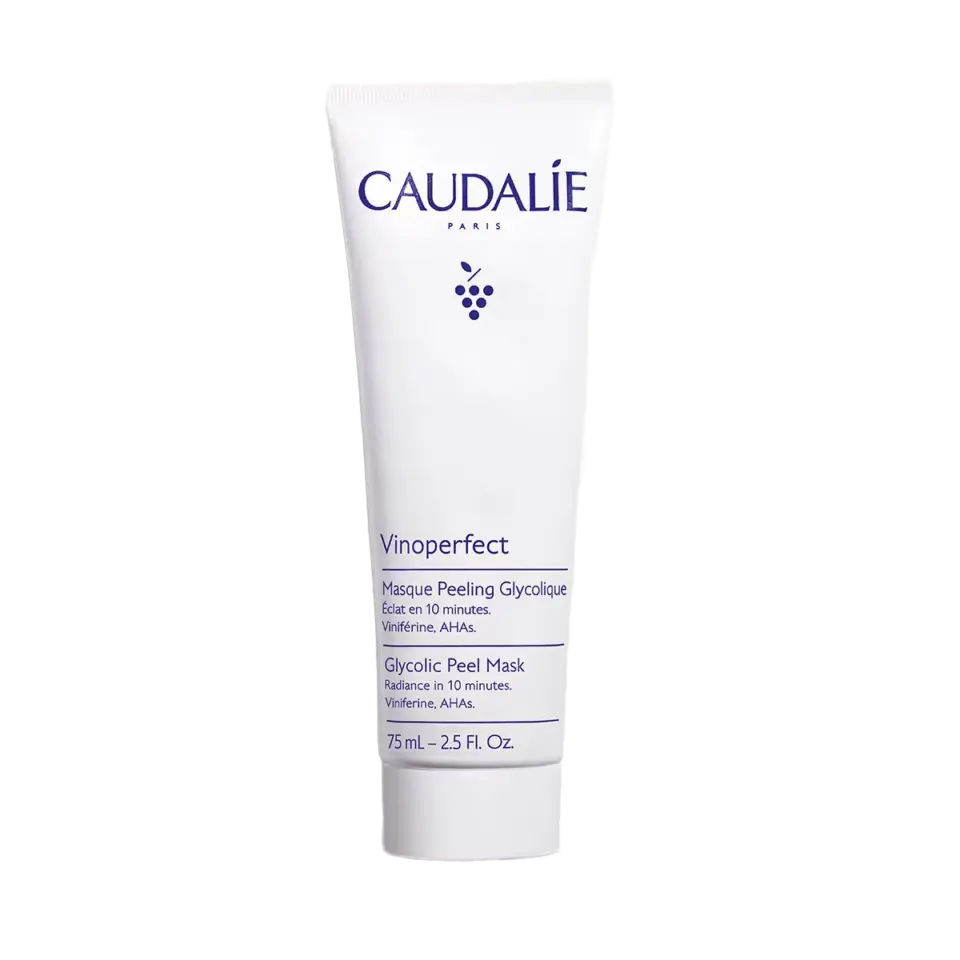 Caudalie Vinoperfect Glycolic Peel Mask, 75ml tube, text in English and French.