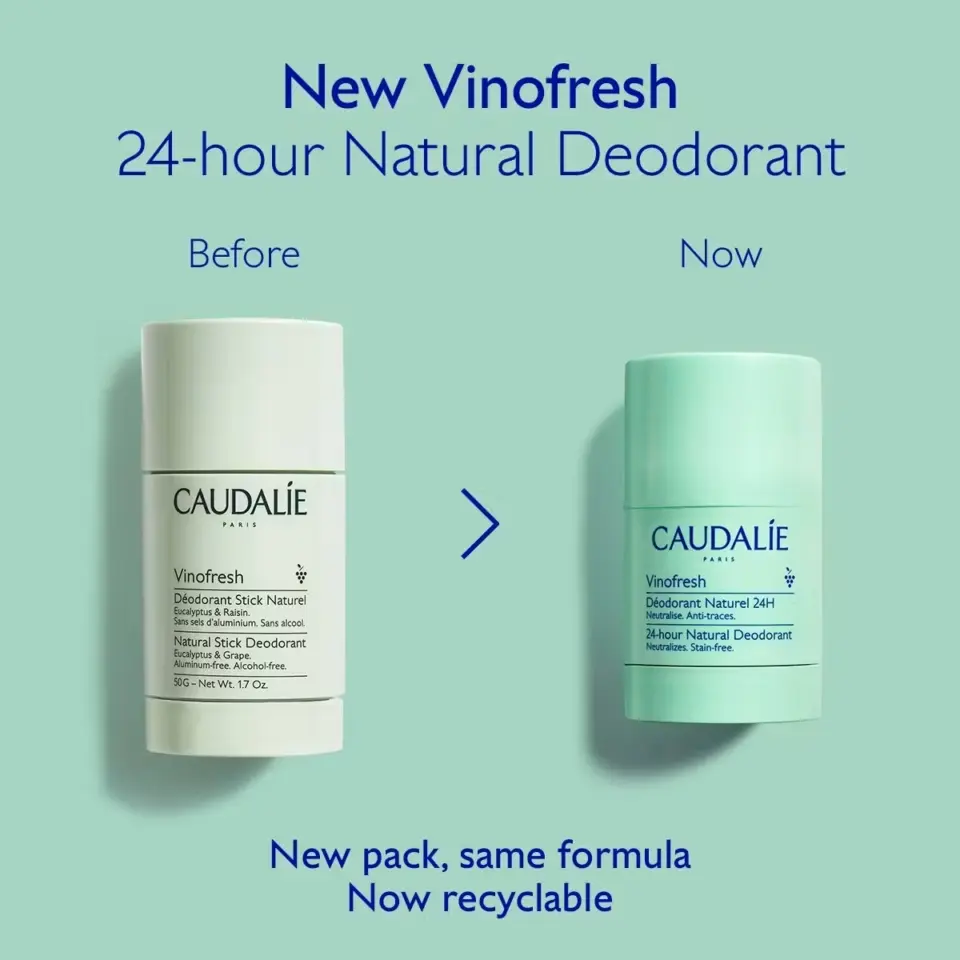 New Vinofresh deodorant packaging, before and now. New pack, same formula, now recyclable.