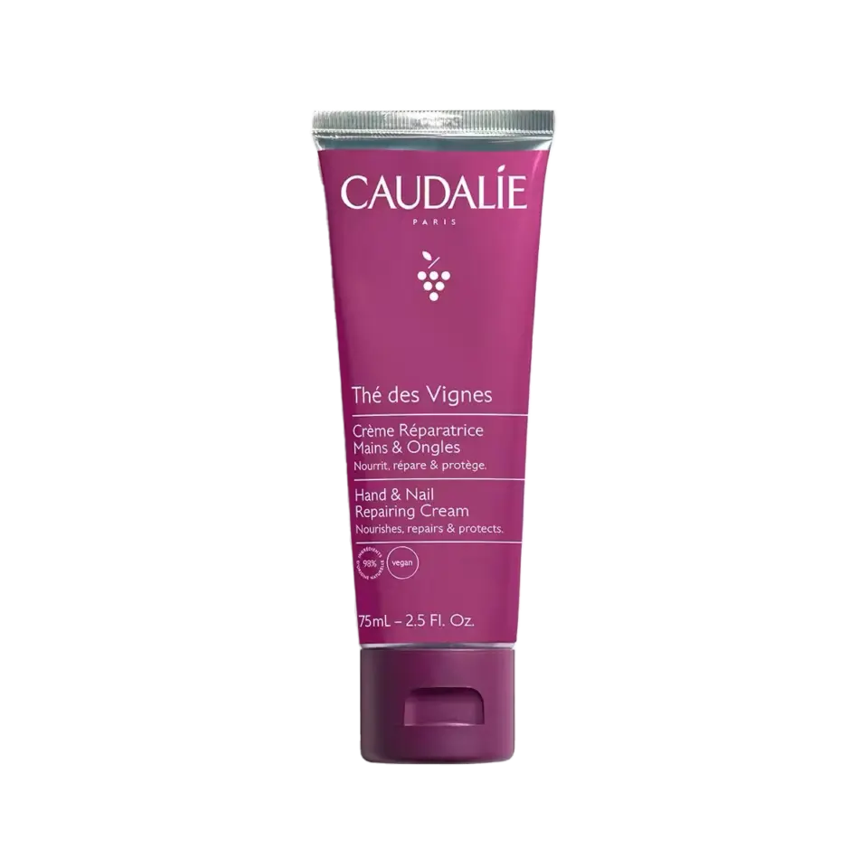 Caudalie Thé des Vignes Hand & Nail Repairing Cream, 75ml tube, vegan formula.