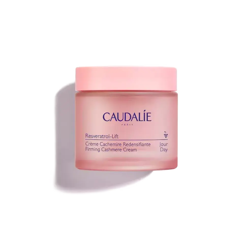 Caudalie Resveratrol-Lift Firming Cashmere Cream in a pink jar.