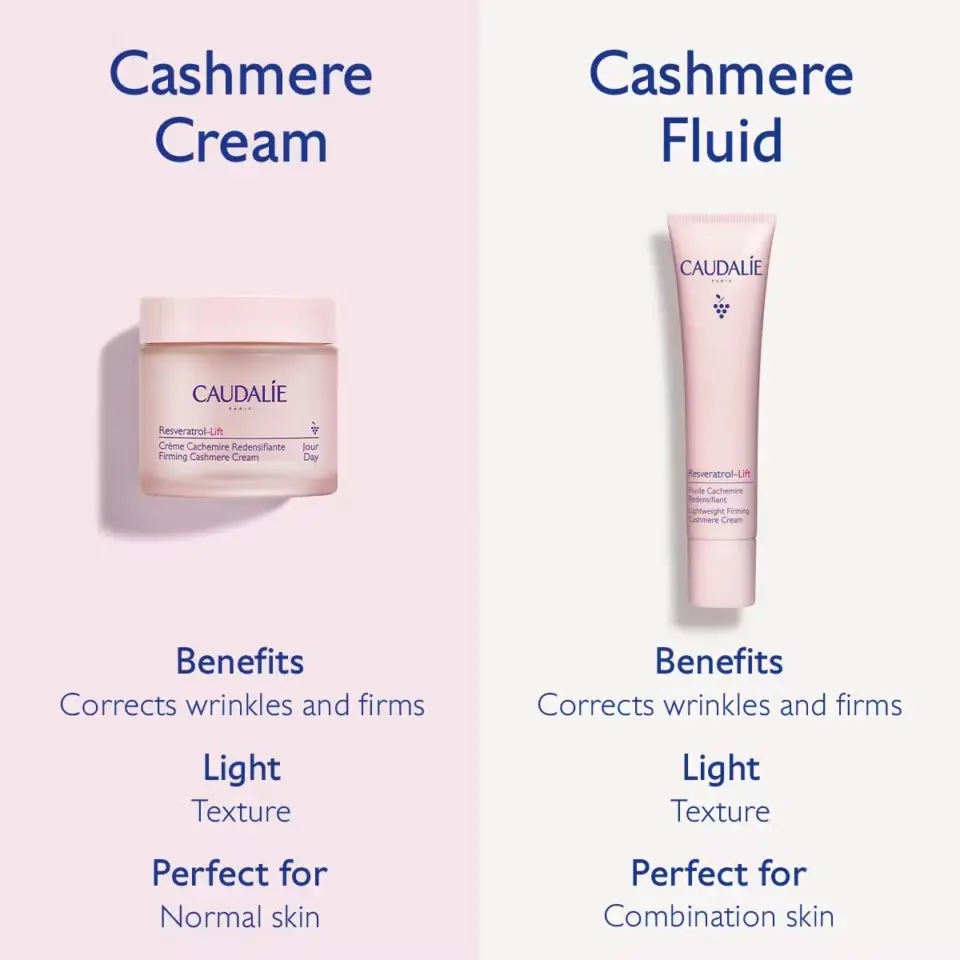 Cashmere Cream and Fluid by Caudalie. Benefits: Corrects wrinkles, firms. Light texture.