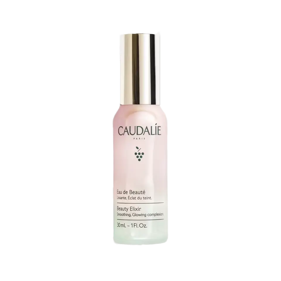 Caudalie Beauty Elixir bottle, 30ml, with silver cap and grape logo.