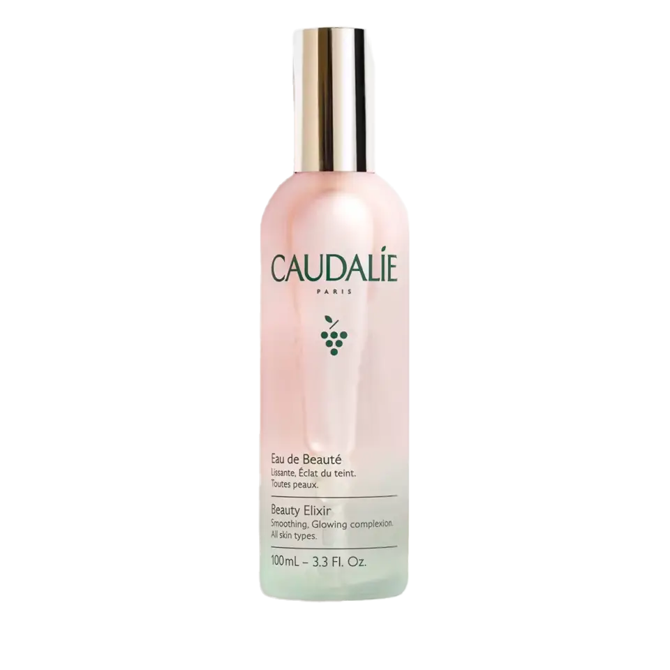 Caudalie Beauty Elixir bottle, 100ml, with silver cap and grape logo.