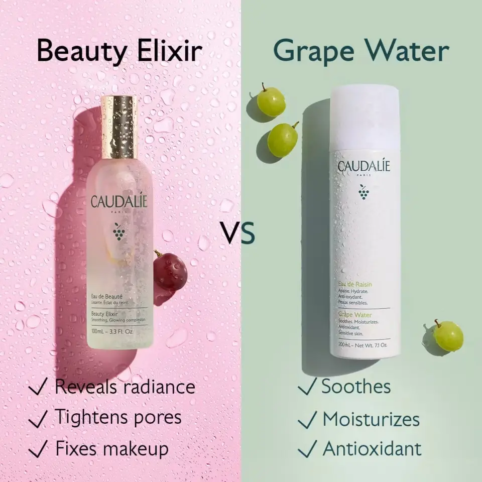 Beauty Elixir vs Grape Water. Benefits: radiance, pores, makeup vs soothes, moisturises, antioxidant.