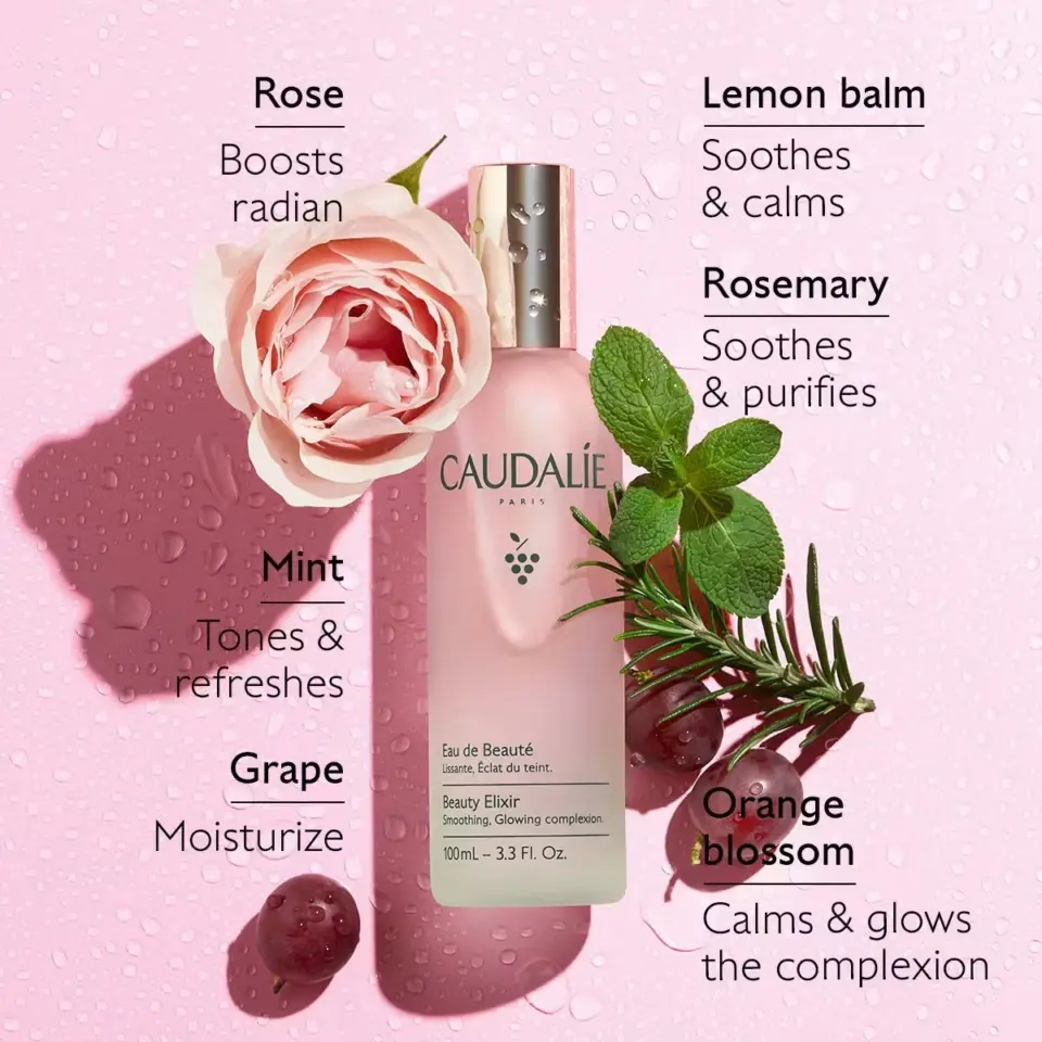 Caudalie Beauty Elixir bottle with rose, mint, grape, lemon balm, rosemary, and orange blossom.