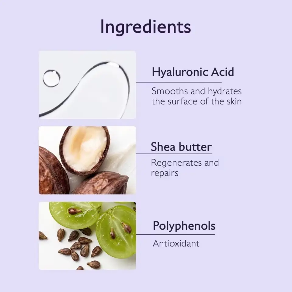 Ingredients: Hyaluronic Acid, Shea butter, Polyphenols. Descriptions: Hydrates, Repairs, Antioxidant.