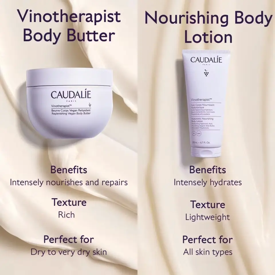 Vinotherapist Body Butter and Nourishing Body Lotion with benefits, texture, and skin type details.