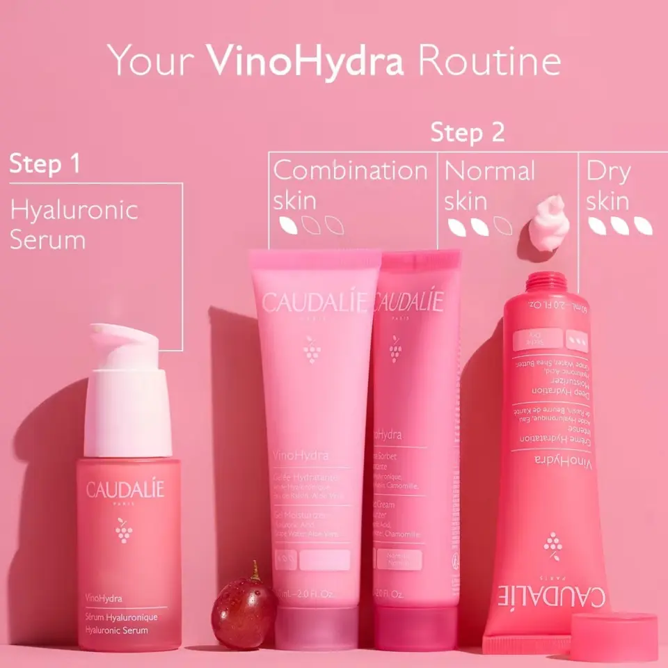 Caudalie VinoHydra skincare products for different skin types on a pink background.