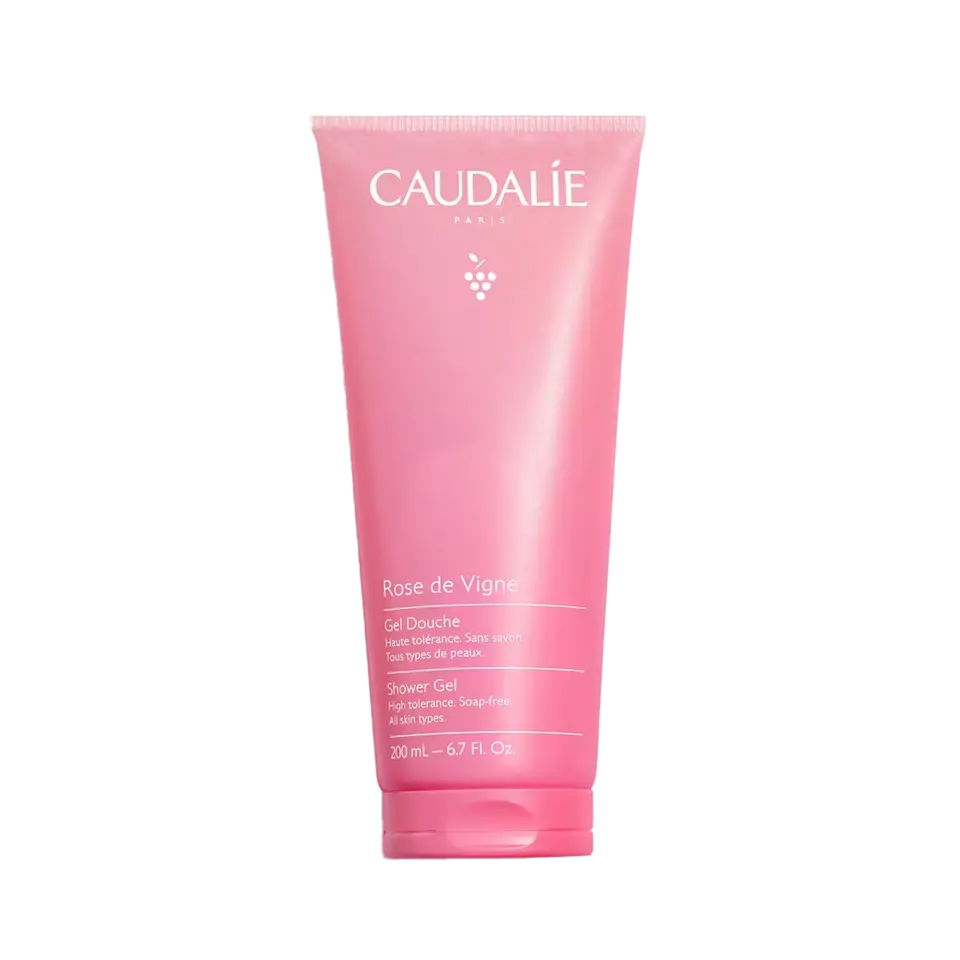 Pink tube of Caudalie Rose de Vigne shower gel, 200 ml, soap-free for all skin types.