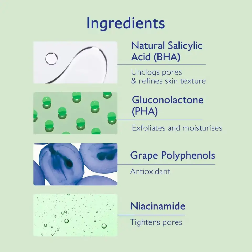 Ingredients list: Salicylic Acid, Gluconolactone, Grape Polyphenols, Niacinamide.