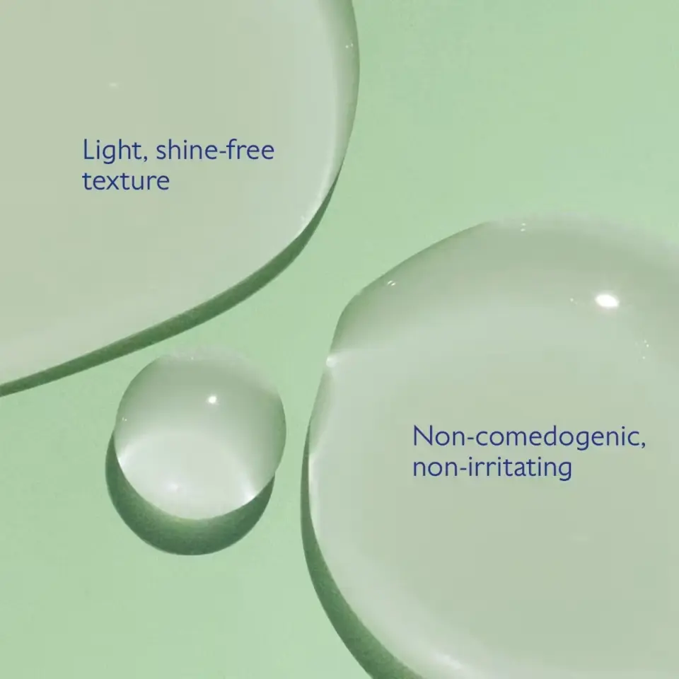 Clear liquid drops on green background with text: "Light, shine-free texture" and "Non-comedogenic, non-irritating".