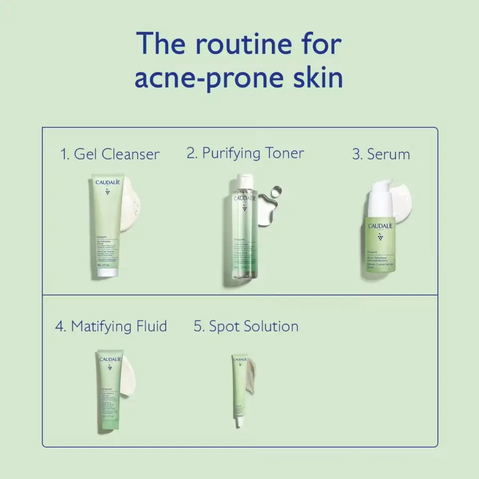 Routine for acne-prone skin: Gel Cleanser, Purifying Toner, Serum, Matifying Fluid, Spot Solution.