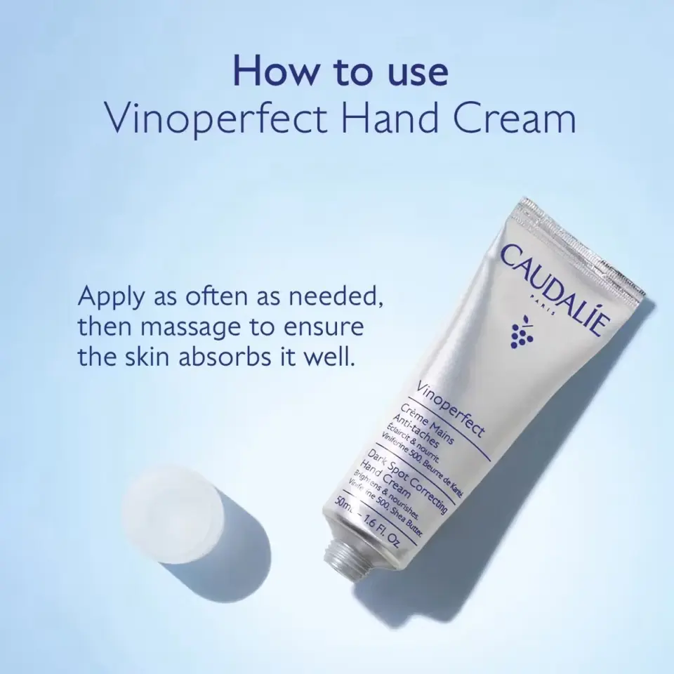 Vinoperfect Hand Cream tube with instructions on application and massage for absorption.