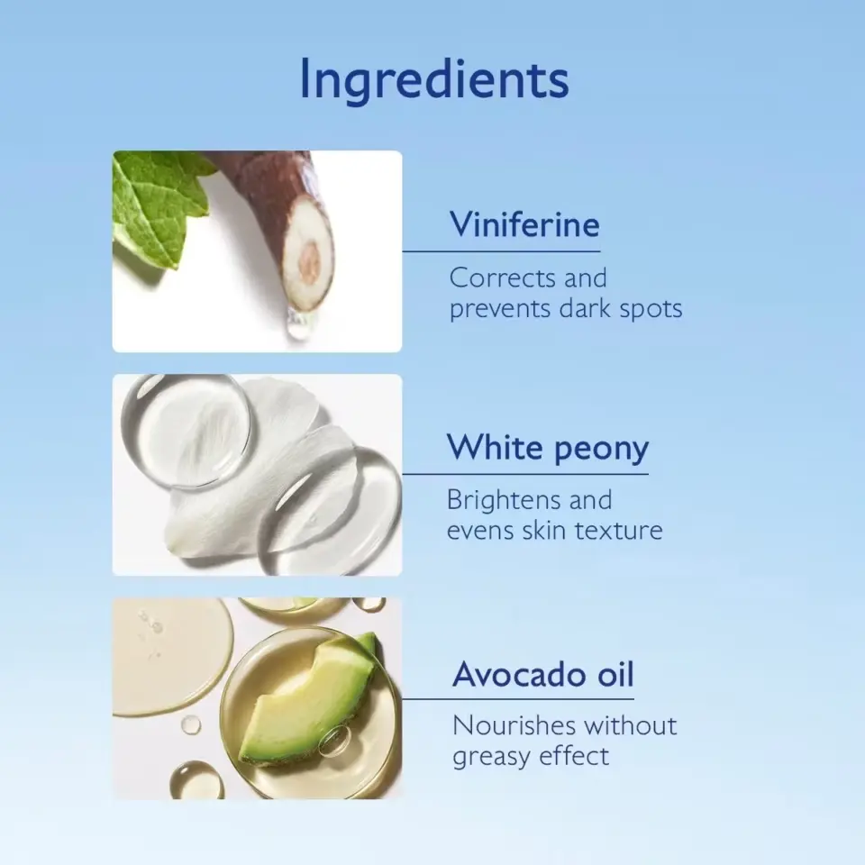 Ingredients: Viniferine, White peony, Avocado oil with benefits listed.