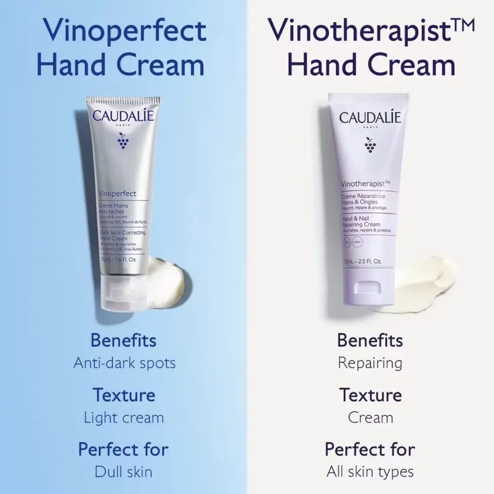 Vinoperfect and Vinotherapist hand creams with benefits, texture, and skin type details.