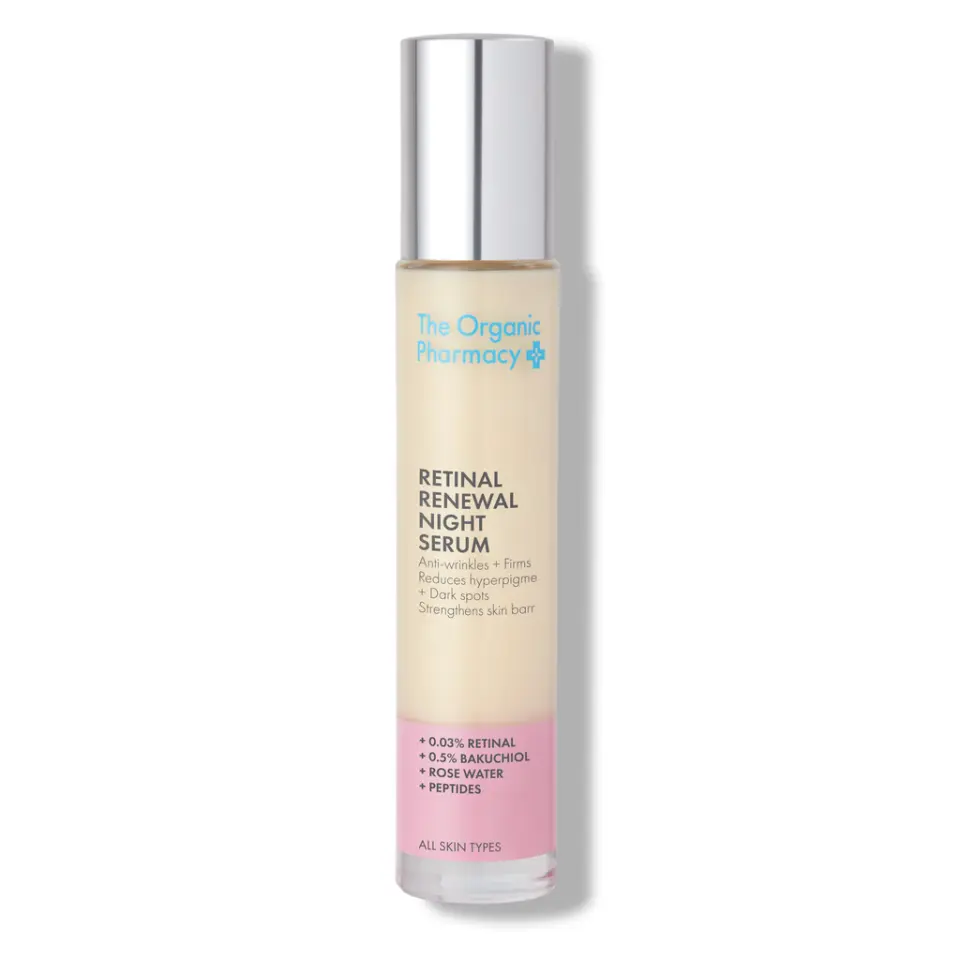 The Organic Pharmacy Retinal Renewal Night Serum bottle with silver cap.