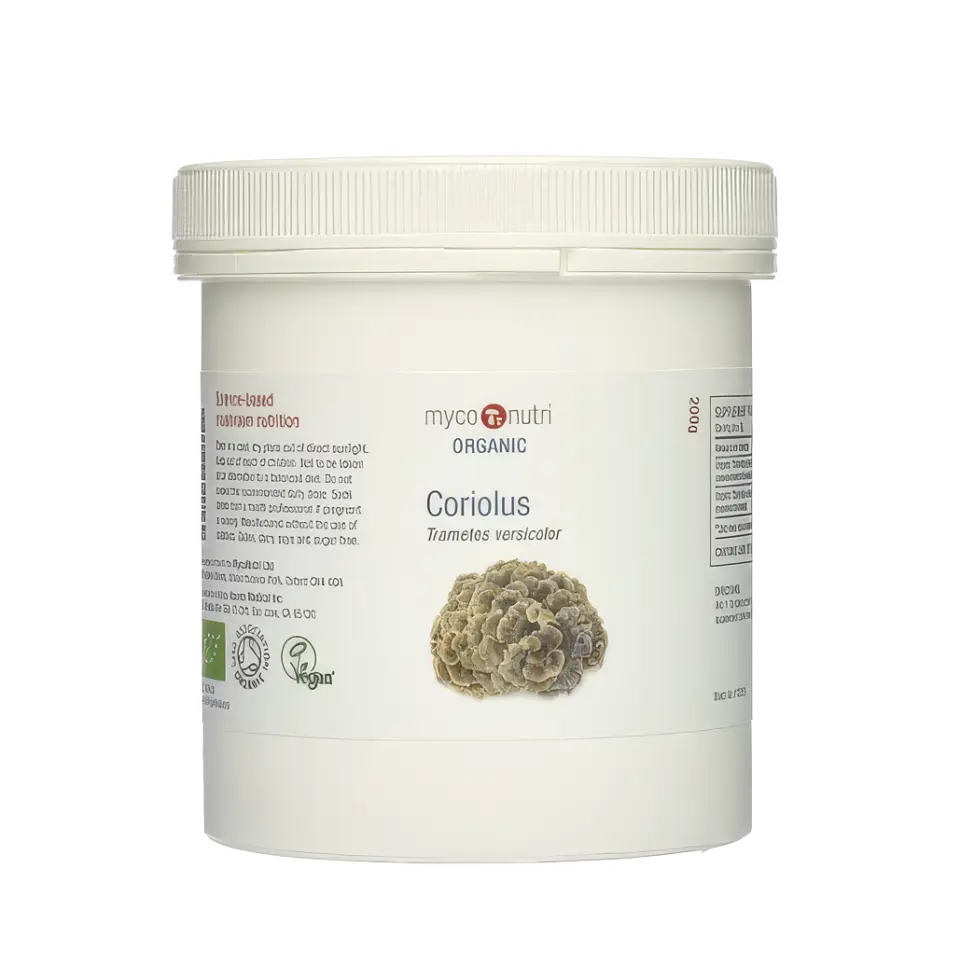 White tub of MycoNutri Organic Coriolus powder with mushroom image.
