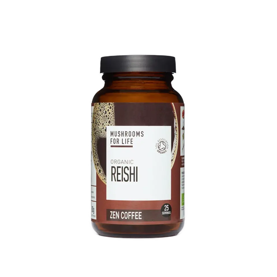 Brown jar of Organic Reishi Zen Coffee, 25 servings, by Mushrooms for Life.