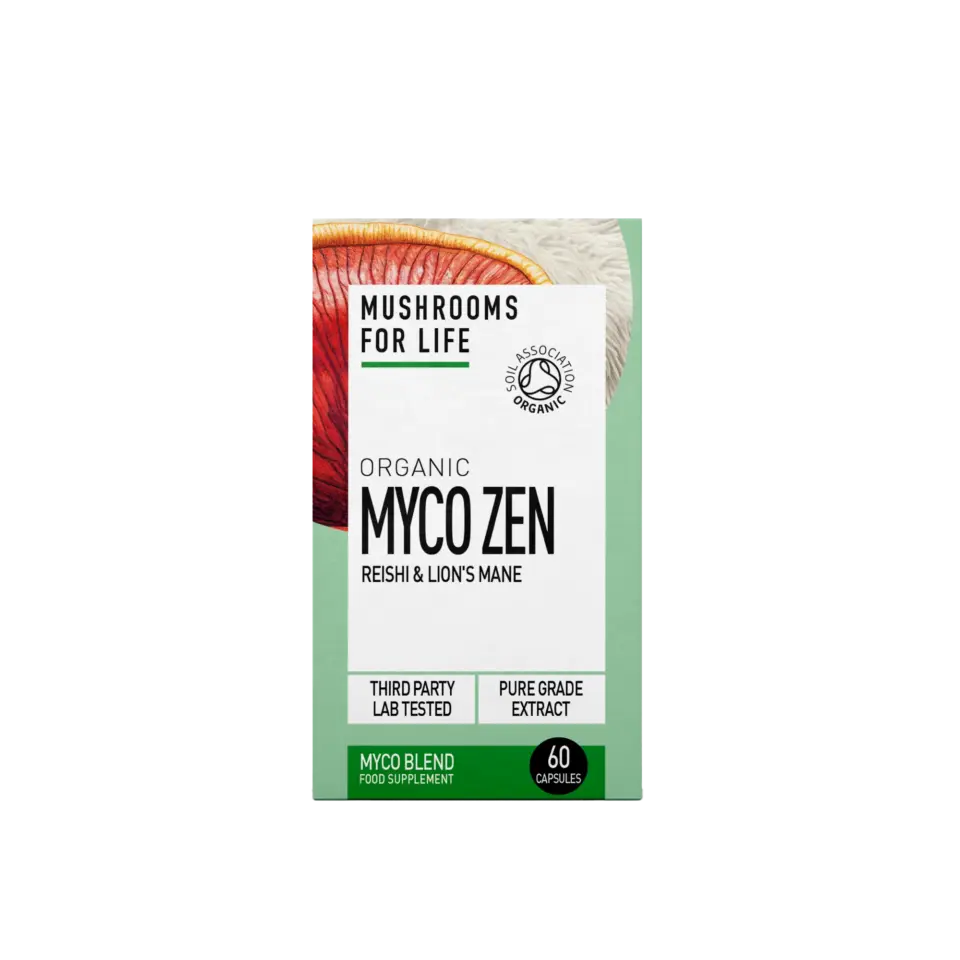 Mushrooms For Life Myco Zen, organic reishi and lion's mane, 60 capsules.