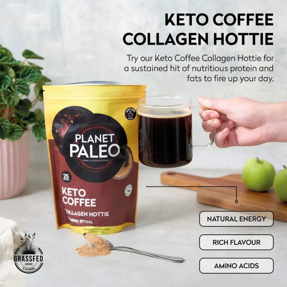 Planet Paleo Keto Coffee Collagen Hottie with glass mug, spoon, and green apples on table.