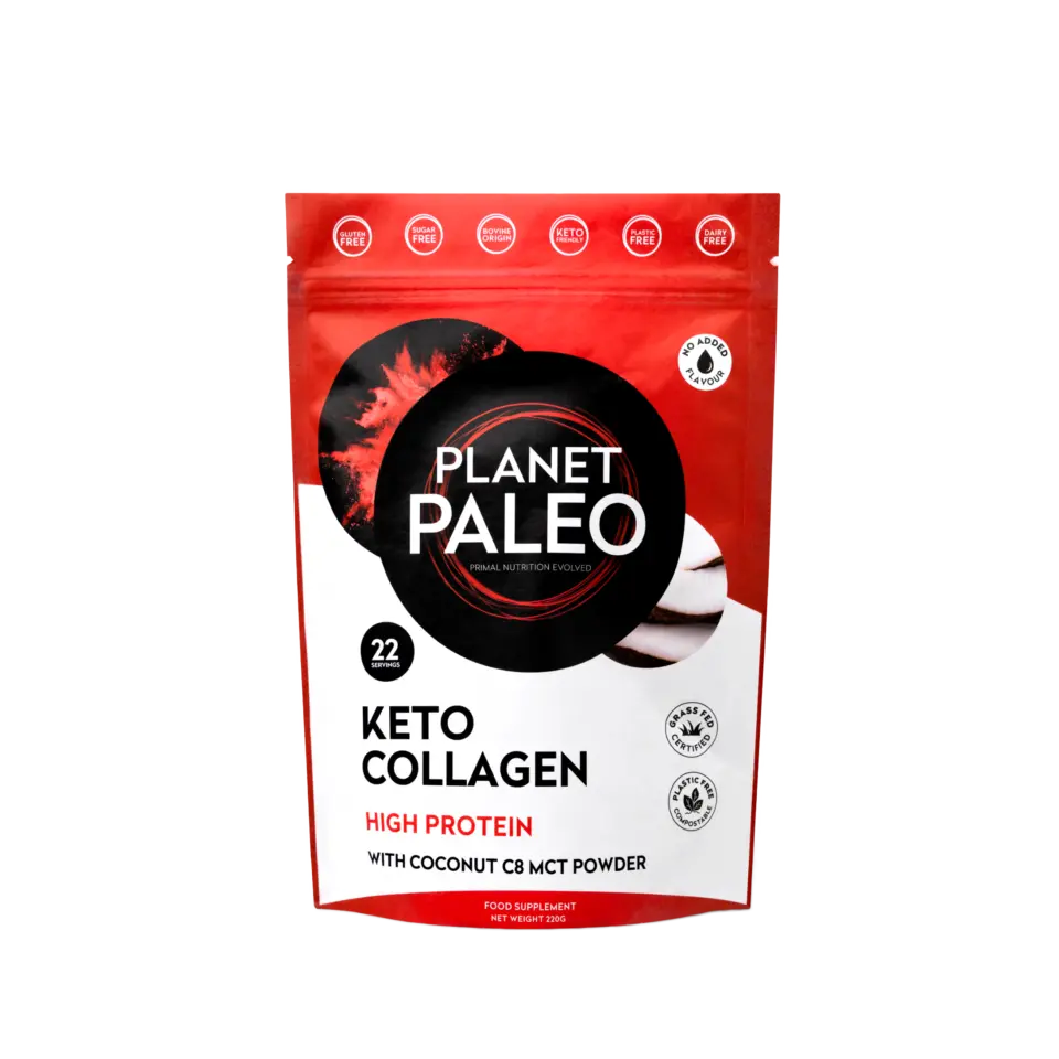 Planet Paleo Keto Collagen, high protein, 22 servings, coconut C8 MCT powder, 220g pouch.