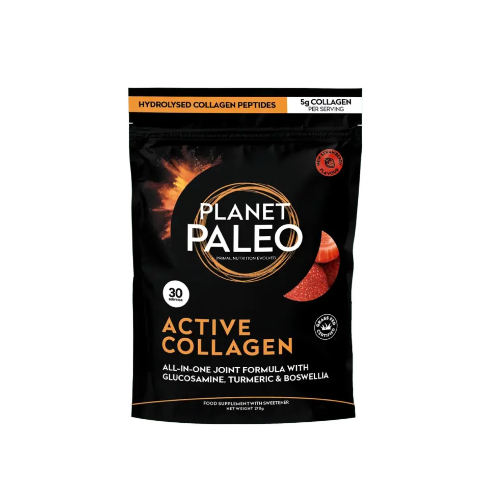 Planet Paleo Active Collagen, 270g, strawberry flavour, 30 servings, with glucosamine and turmeric.