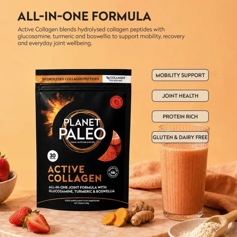 Planet Paleo Active Collagen pack with smoothie, strawberries, and turmeric on a table.