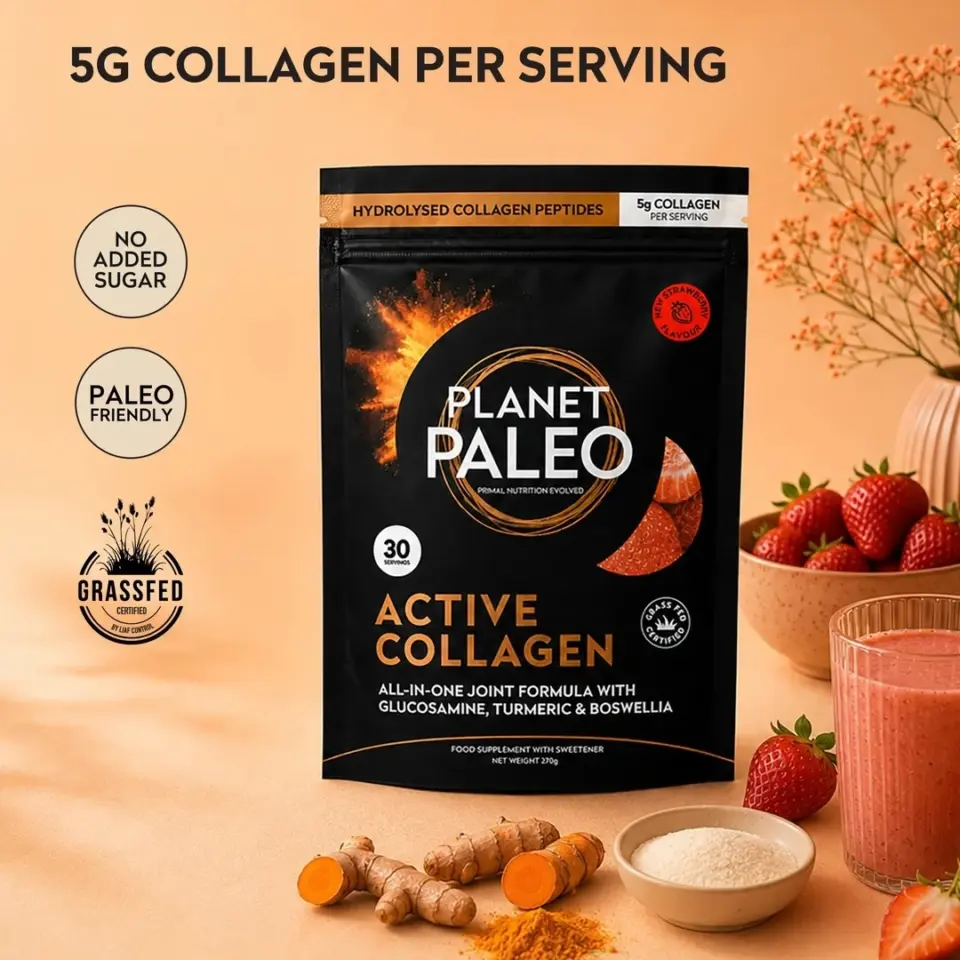 Planet Paleo Active Collagen pack with turmeric, strawberries, and smoothie.
