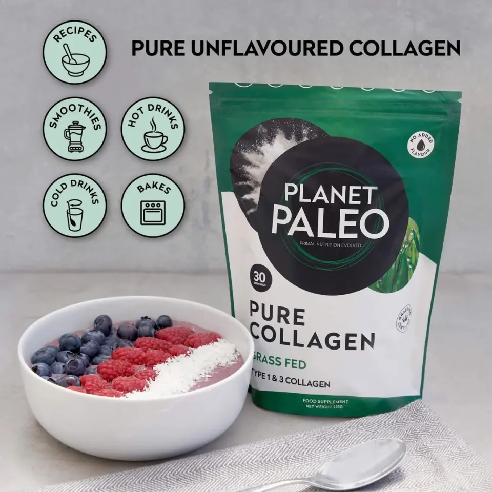 Planet Paleo Pure Collagen pack with a berry smoothie bowl and spoon.