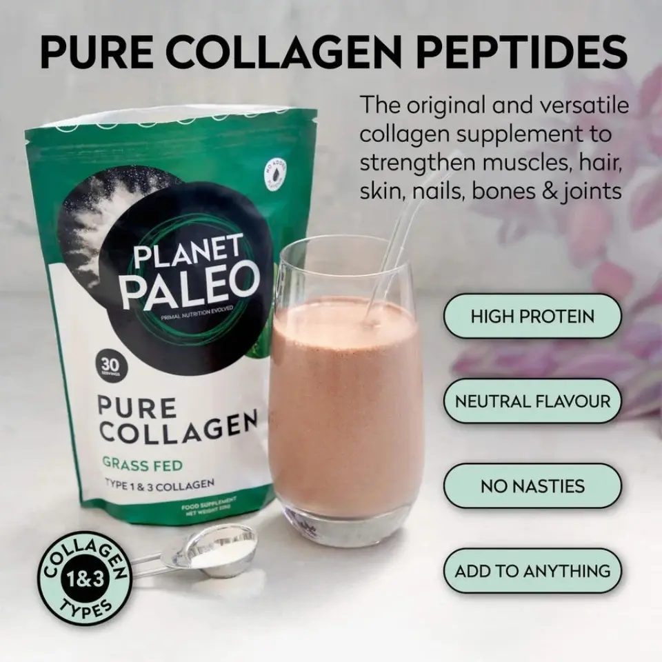 Planet Paleo Pure Collagen pack, glass with drink, spoon, and benefits listed: high protein, neutral flavour.