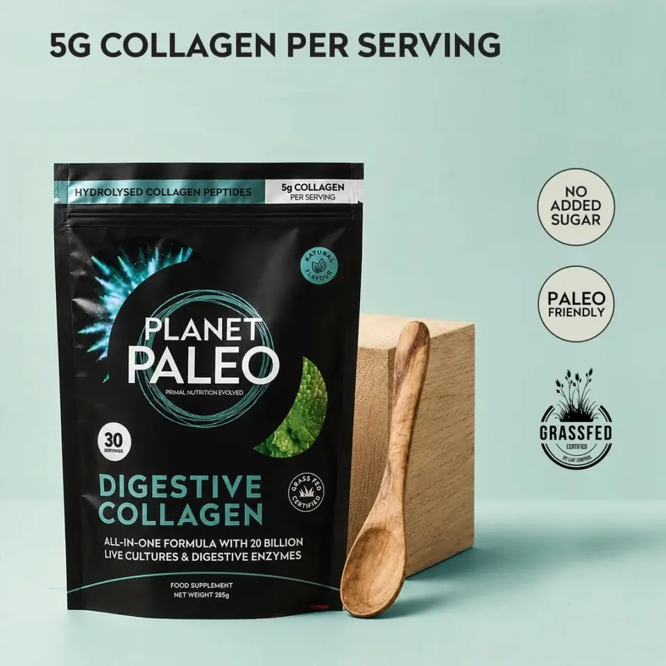 Planet Paleo Digestive Collagen pack with wooden spoon, 5g collagen per serving, paleo friendly.