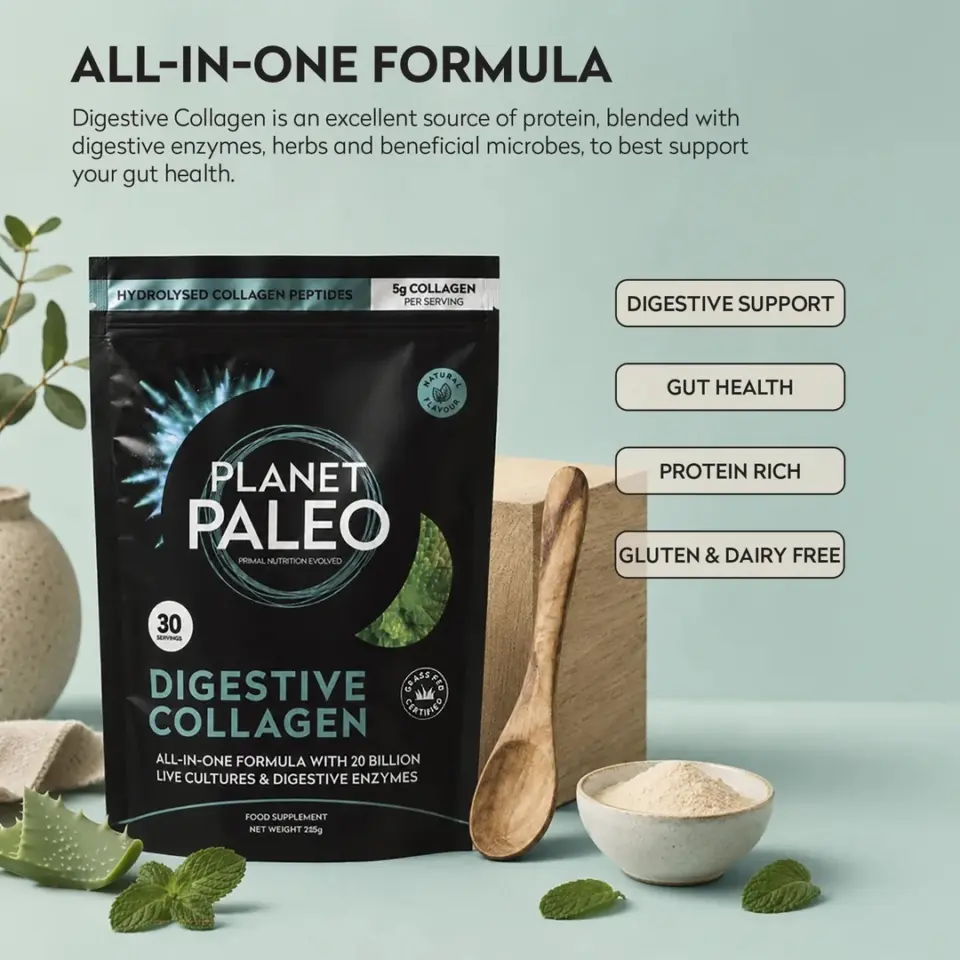 Planet Paleo Digestive Collagen pack with wooden spoon and bowl of powder.