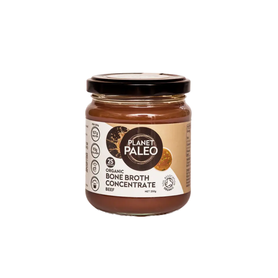 Planet Paleo Organic Beef Bone Broth Concentrate jar, 250g, with nutritional info on label.