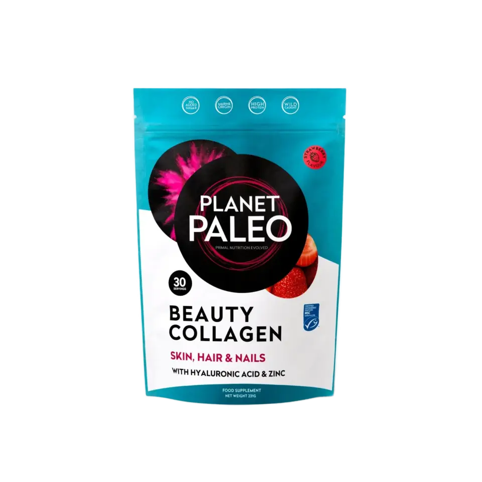 Planet Paleo Beauty Collagen pack for skin, hair, and nails with hyaluronic acid and zinc.