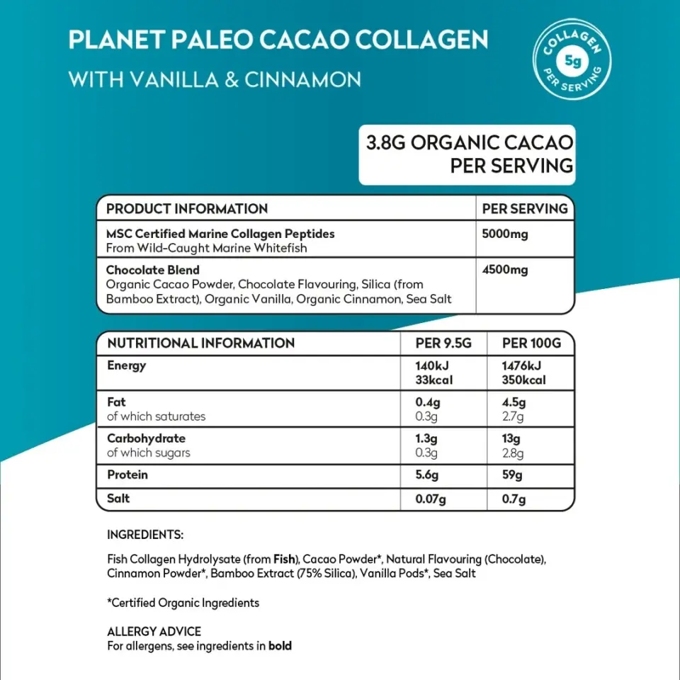 Planet Paleo Cacao Collagen with vanilla and cinnamon. Contains 3.8g organic cacao per serving.