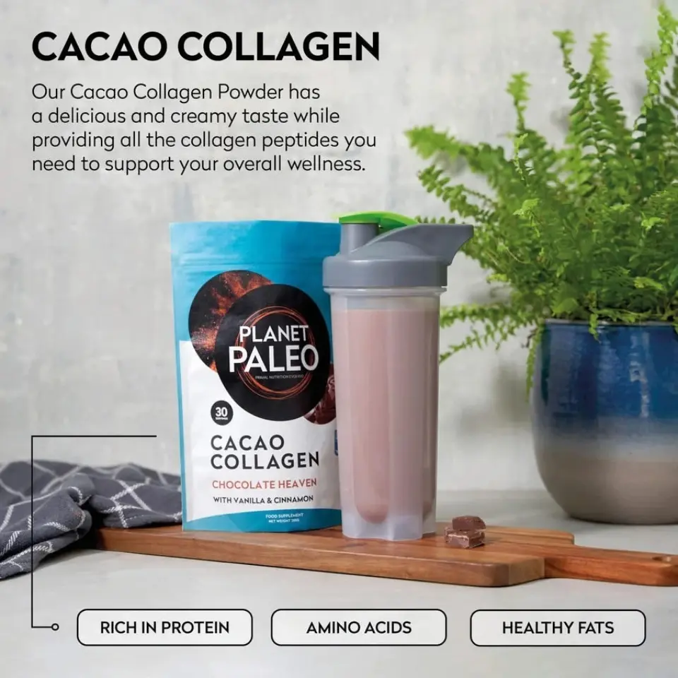 Cacao Collagen powder and shaker on a wooden board, plant in background. Text highlights benefits.