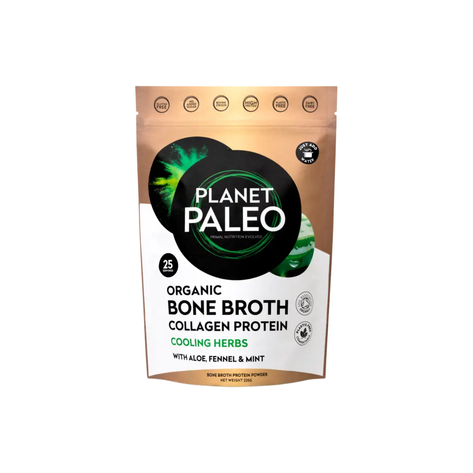 Planet Paleo Organic Bone Broth Collagen Protein with cooling herbs, 225g pouch.