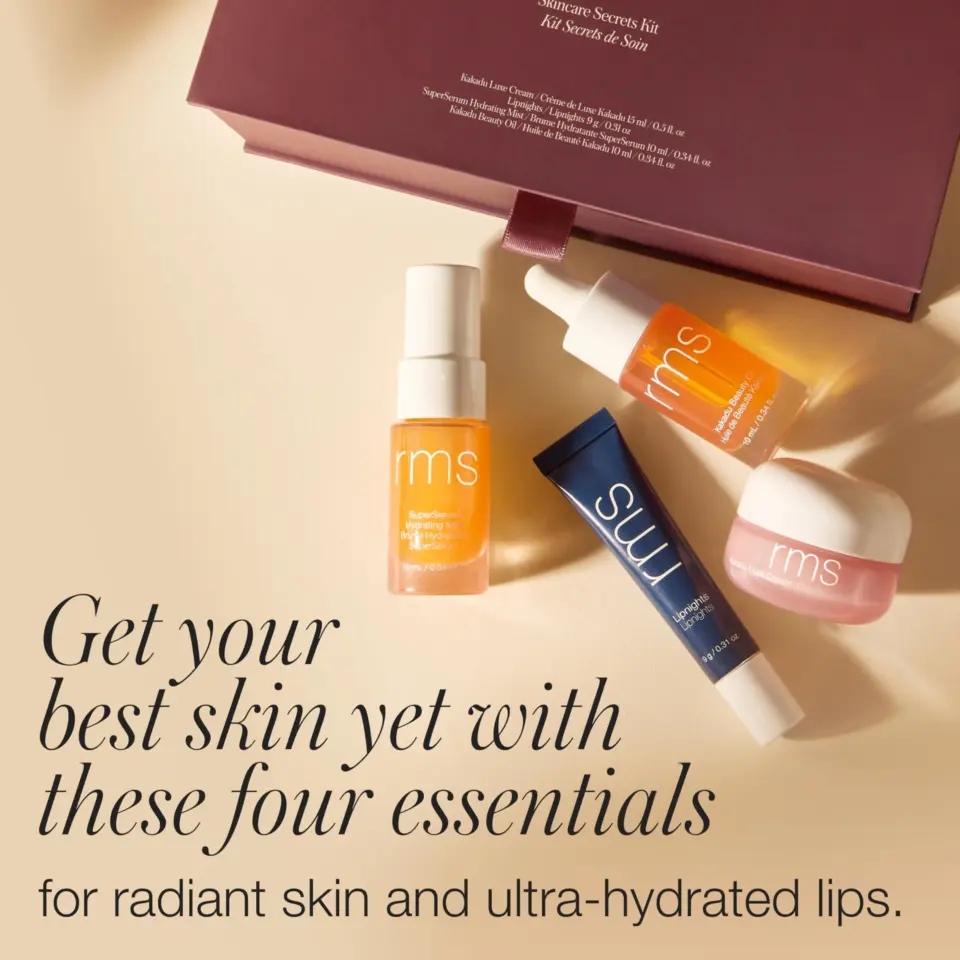 Skincare Secrets Kit with four RMS products on a beige background. Text: "Get your best skin yet.