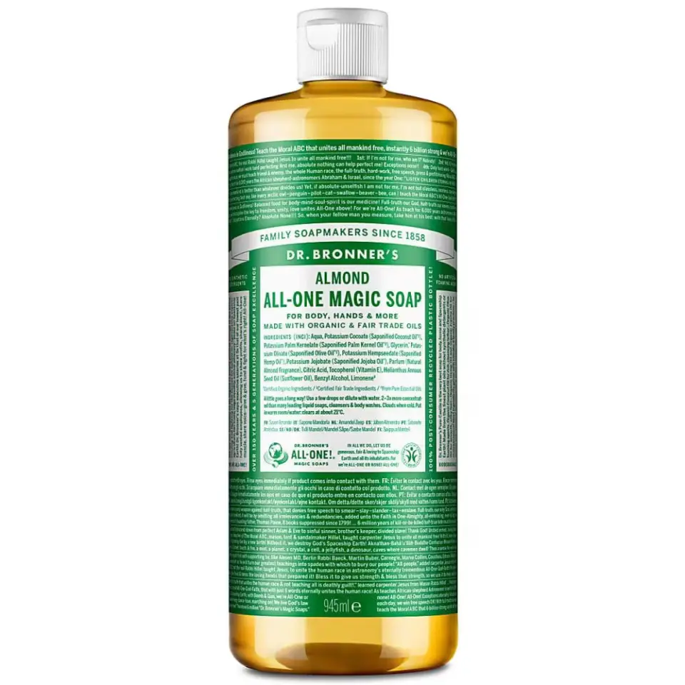 Dr. Bronner's Almond All-One Magic Soap, 945ml bottle with green label.