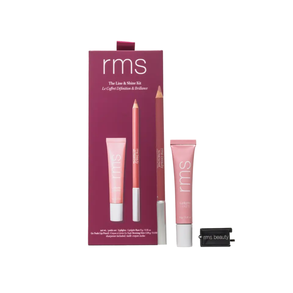 RMS Line & Shine Kit with lip pencil, gloss, and sharpener in pink packaging.