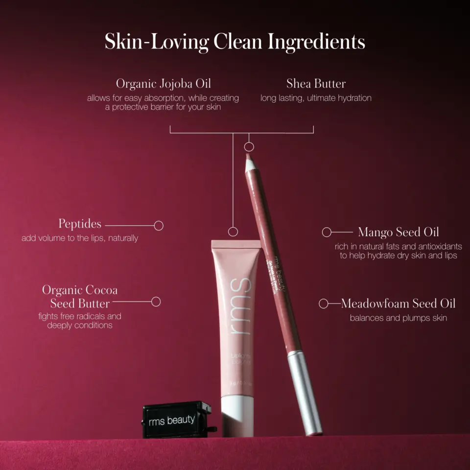 Skincare products with jojoba oil, shea butter, peptides, cocoa seed butter, mango and meadowfoam oils.
