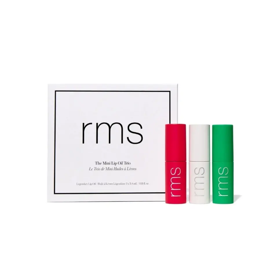Rms Mini Lip Oil Trio with red, white, and green tubes beside the packaging.